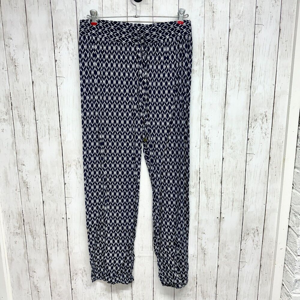 Hester & Orchard Pant Women Size M High Waisted Navy Blue Geometric Slim Fitting